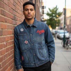 Rocawear Vintage Denim Corp Jacket Mens XL Blue Founded 1999 Patches Embroidered